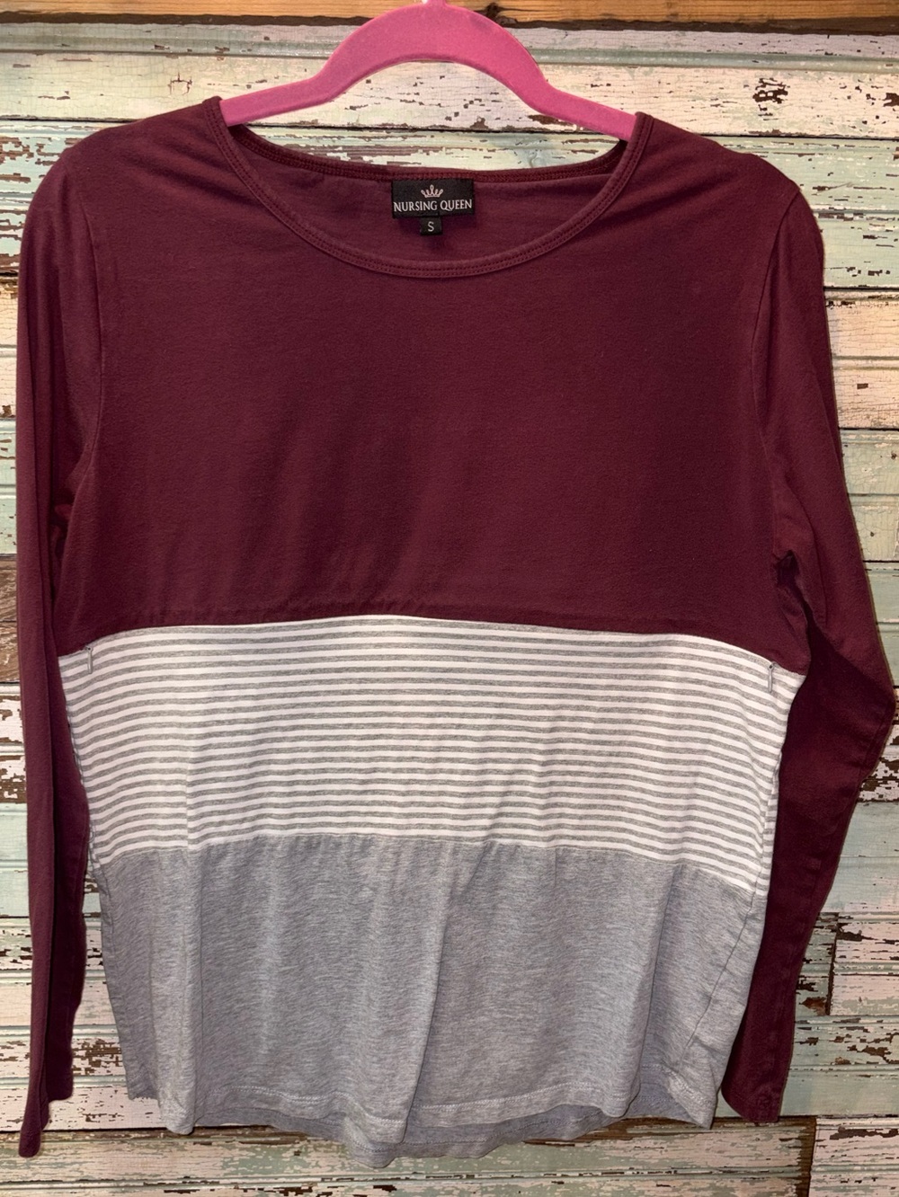 Nursing Queen burgundy, gray & White Striped Long Sleeve Colorblock nursing Top